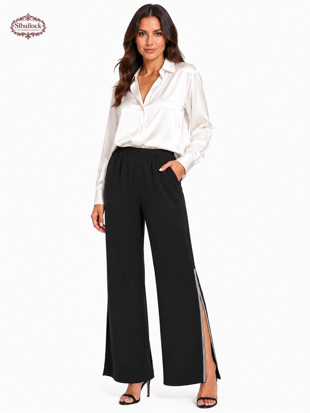 P11 Prelude Size Small Black Rhinestone Side Slit Wide Leg Pants
